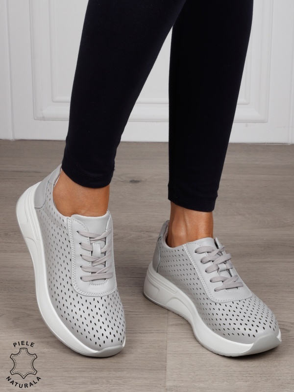 Pantofi Casual dama din Piele Naturala mici perforati CRL1541 GRI - Img 2