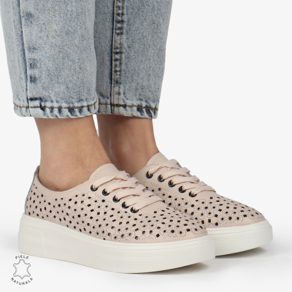 Pantofi Casual dama din Piele naturala PERFORAT USORI CU SIRET CRL1341 ROZ - Img 3