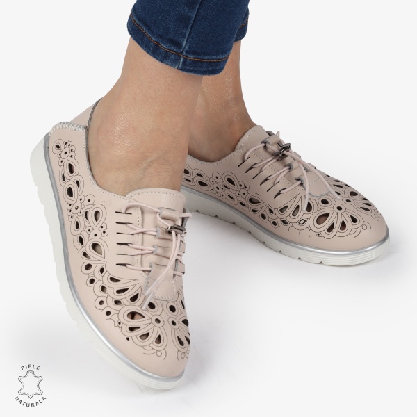 PANTOFI CASUAL dama din Piele naturala PERFORATA CU MODEL CRL1356 ROZ - Img 4