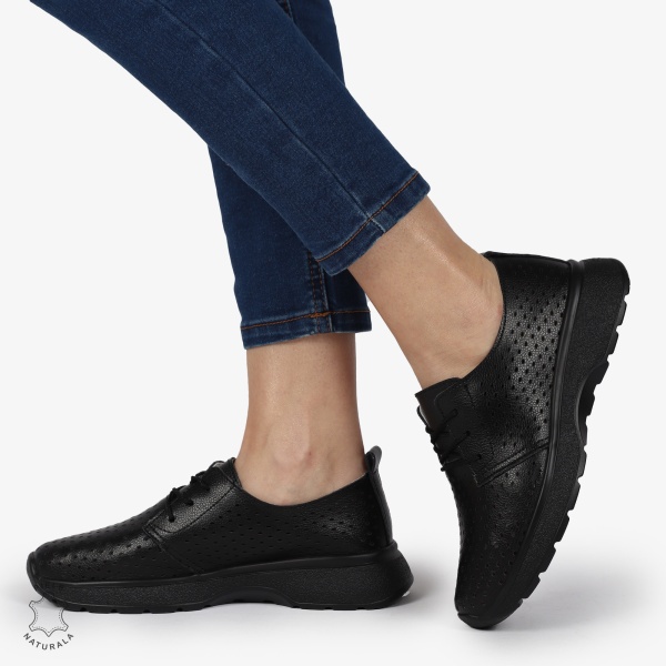 PANTOFI CASUAL dama din Piele naturala Perforata cu Siret CRL1354 NEGRU - Img 2