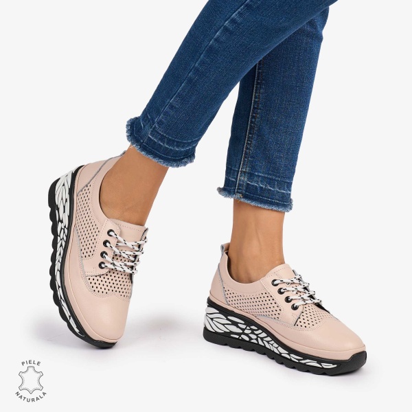 Pantofi Casual dama din Piele Naturala perforata talpa speciala cu model CRL1073 CULOARE: Roz - Img 2