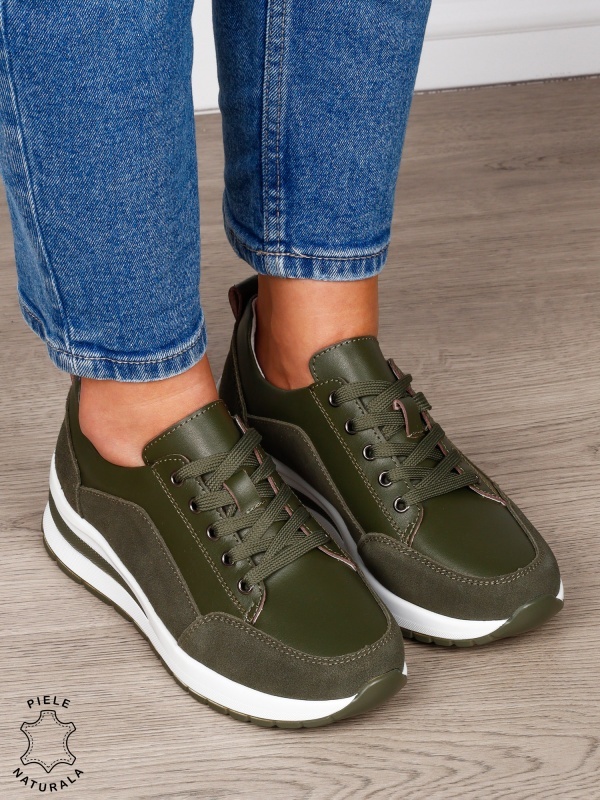 PANTOFI CASUAL Dama Piele Naturala cu siret CRL1593 VERDE INCHIS - Img 2