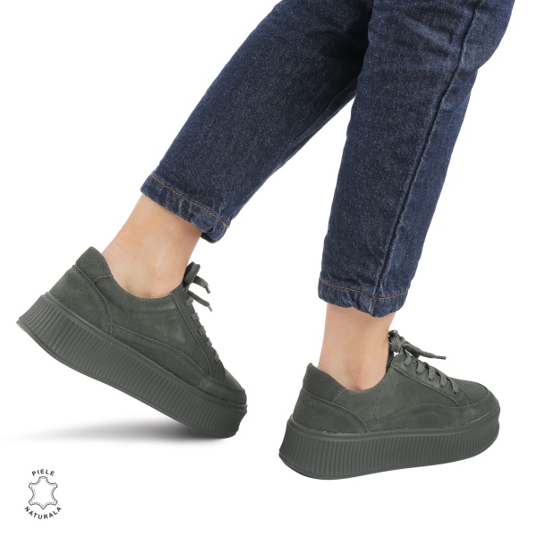 Pantofi casual dama piele Piele naturala intoarsa si talpa plata CRL0870 VERDE - Img 3