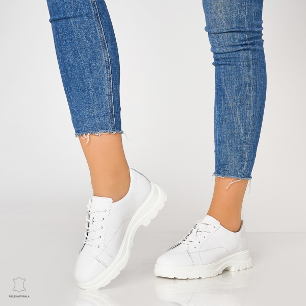 Pantofi casual de dama din piele naturala cu talpa aderenta CRL0010 Alb - Img 2