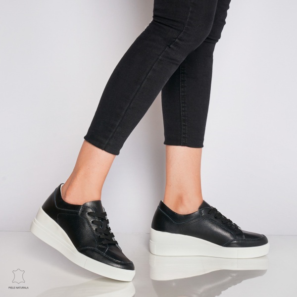 Pantofi casual de dama din piele naturala cu talpa plata CRL0034 Negri - Img 3
