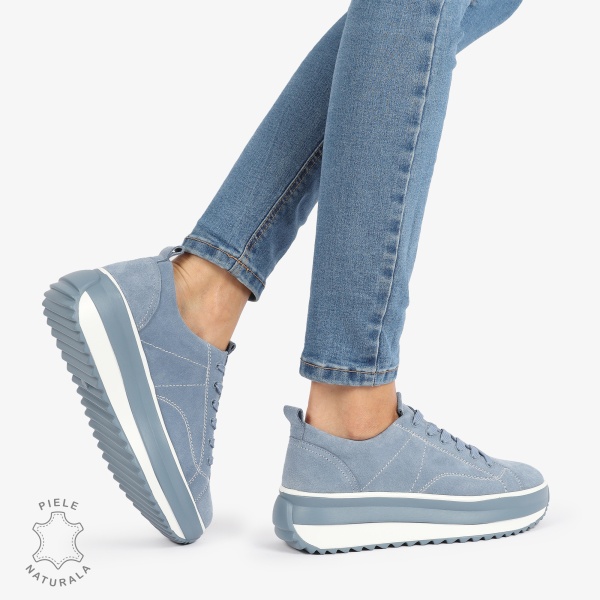 Pantofi Casual de dama din Piele Naturala INTOARSA CU CUSATURI DECORATIVE CRL1220 ALBASTRU - Img 3