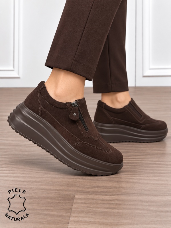 Pantofi casual din piele naturală întoarsă cu inchidere fermoar CRL1919 CAFENIU - Img 2