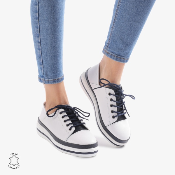 Pantofi casual piele naturala CRL877 Alb cu Bleumarin - Img 3