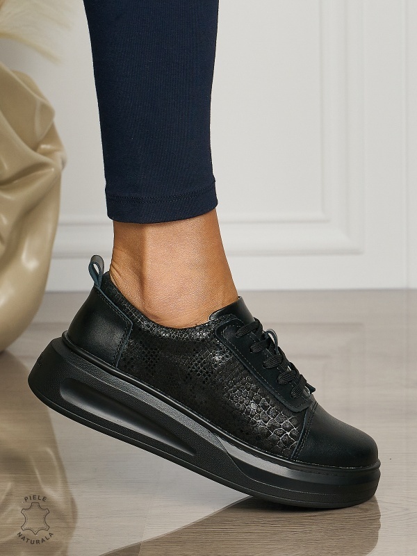 Pantofi casual piele naturala CU TALPA GROASA CRL1509 NEGRU - Img 2