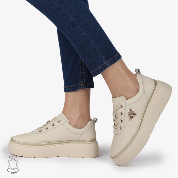 Pantofi DAMA CASUAL din piele naturală CU DETALIU FLUTURE CRL1376 BEJ - Img 2