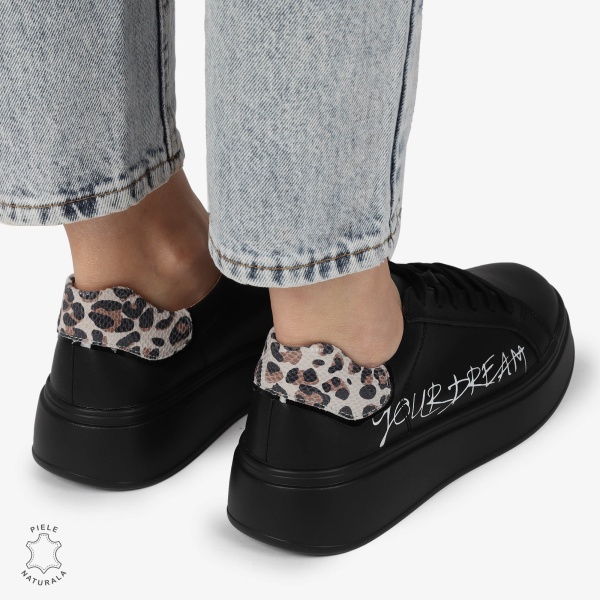 Pantofi DAMA CASUAL din piele naturală CU DETALIU SCRIS CRL1379 NEGRU - Img 3
