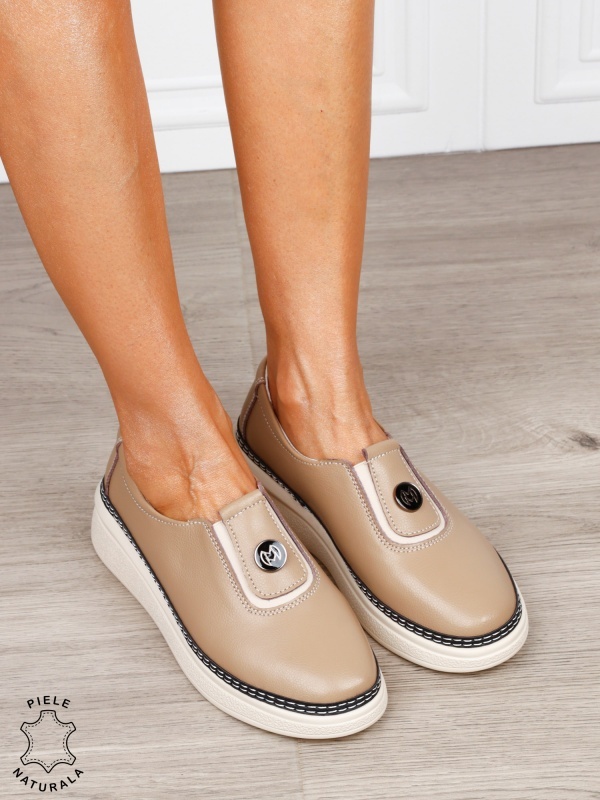 Pantofi damă din piele naturală cu finisaj clasic CRL1844 KHAKI - Img 2
