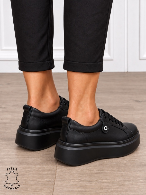 Pantofi damă din piele naturală cu șiret si talpa groasa CRL1858 NEGRU - Img 3