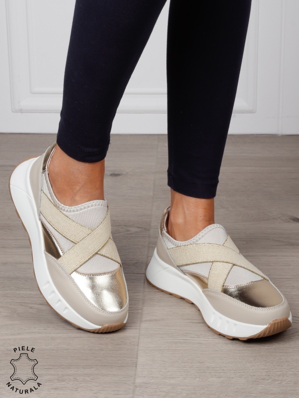Pantofi dama din Piele Naturala slip-on cu elastic CRL1545 AURIU - Img 2