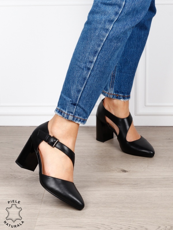 Pantofi dama eleganti din piele naturala cu bareta si toc gros CRL1634 Negru - Img 4