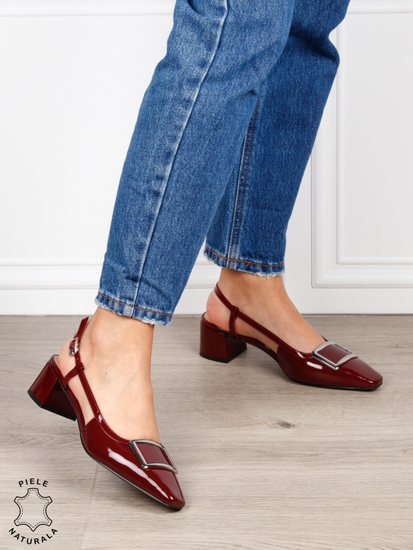 Pantofi dama eleganti din piele naturala cu toc gros mic CRL1615 Bordo - Img 2