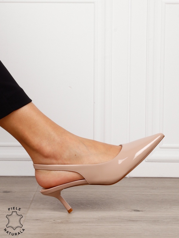Pantofi dama eleganti din piele naturala cu toc subtire si varf ascutit CRL1616 Bej - Img 2