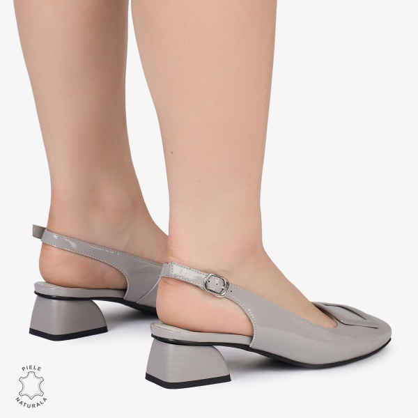 PANTOFI ELEGANTI dama din Piele Naturala CU TOC MIC SI DETALIU PATRAT CRL0986 GRI - Img 3