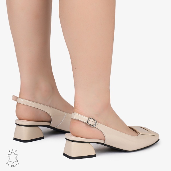 PANTOFI ELEGANTI dama din Piele Naturala CU TOC MIC SI DETALIU PATRAT CRL0986 BEJ - Img 2