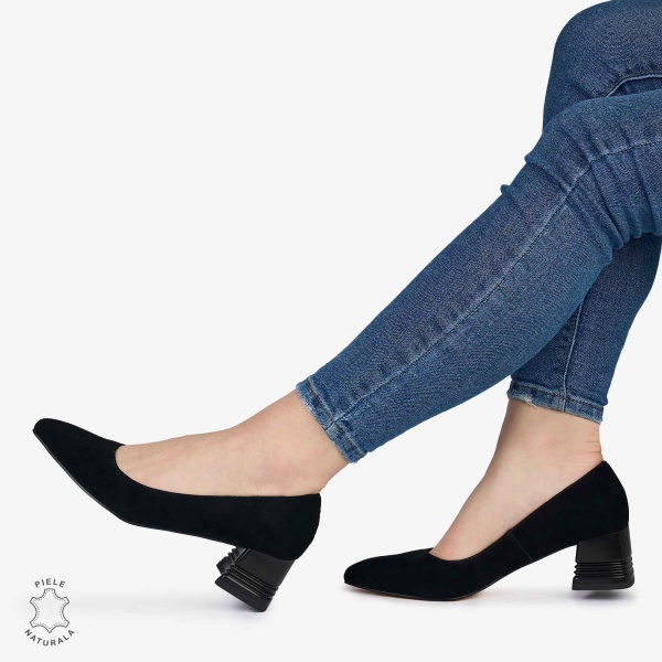 Pantofi Eleganți dama din Piele Naturala INTOARSA CU TOC MIC CRL0982 negru - Img 2