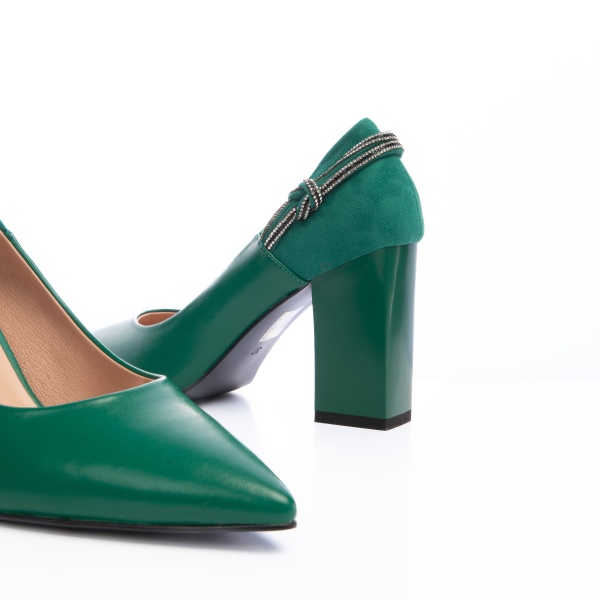 Pantofi Eleganti din Piele Ecologica cu toc Gros CRL0730 Verde - Img 3