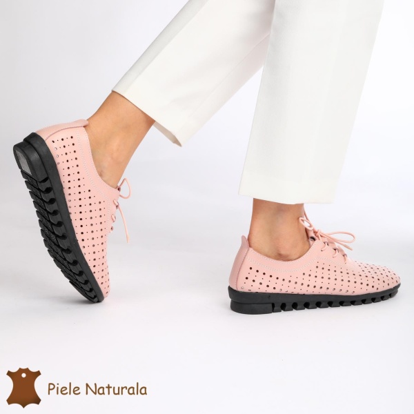 Pantofi Perforati dama din Piele Naturala cu mici perforatii CRL0188 ROZ - Img 4