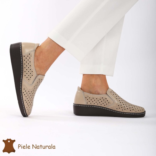 Pantofi Perforati dama din Piele Naturala cu mici perforatii CRL0193 BEJ - Img 4