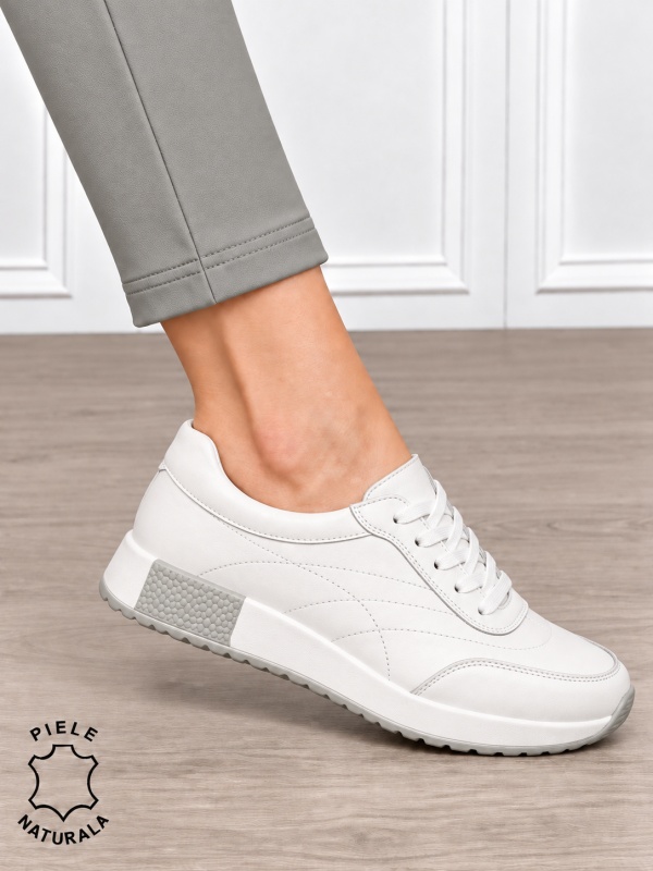 Pantofi sport damă din piele naturală cu cataramă decorativă în partea frontală CRL1895 ALB - Img 2