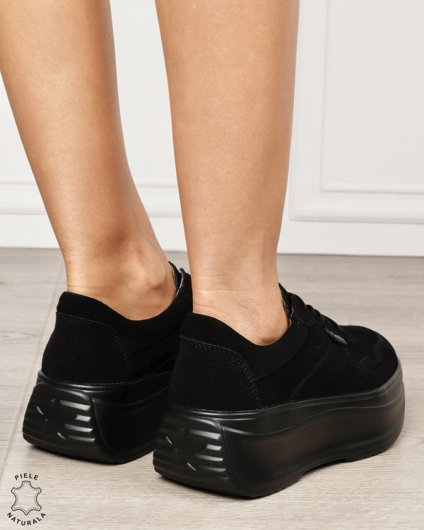 Pantofi sport damă din piele naturală întoarsă cu talpă înaltă CRL1862 NEGRU - Img 3