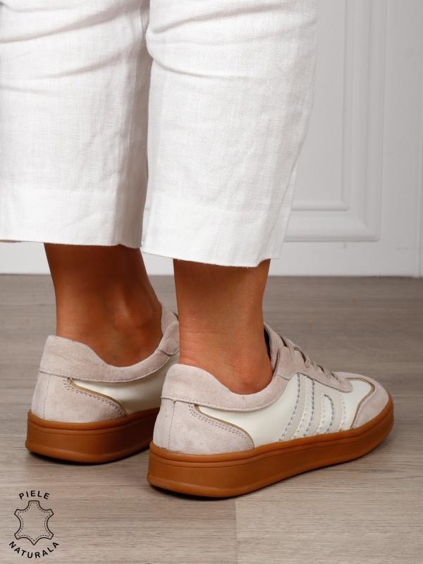 Pantofi sport damă din piele naturală întoarsă si material textil lateral CRL1566 BEJ - Img 3