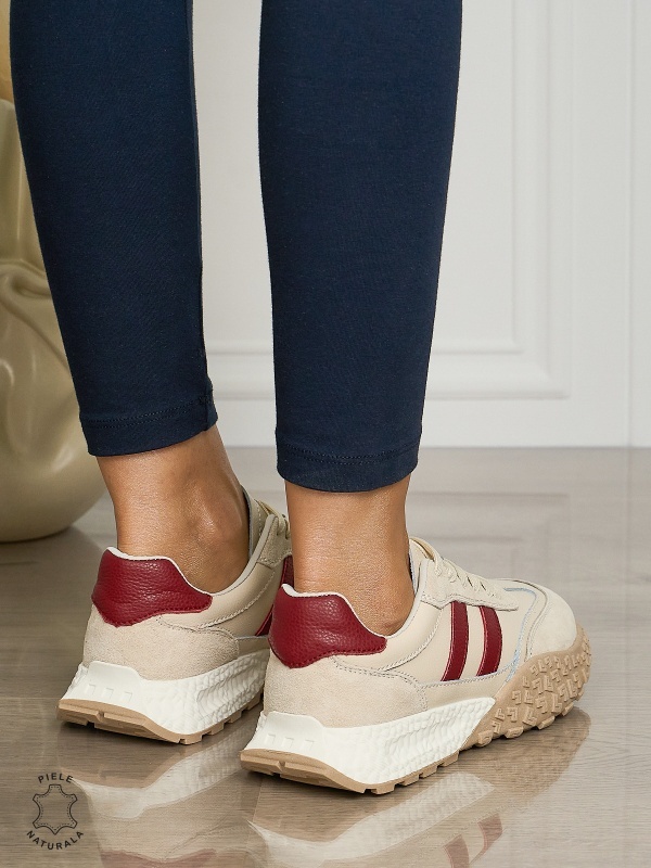 Pantofii casual piele naturala cu siret si dungi laterale CRL1459 BEJ - Img 3