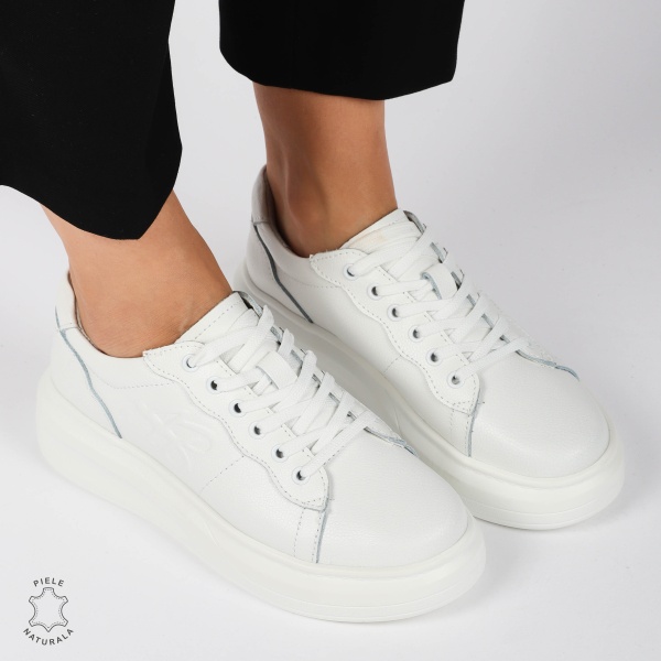 Pantofii casual piele naturala CU SIRET SI MODEL LATERAL CRL1440 ALB - Img 2