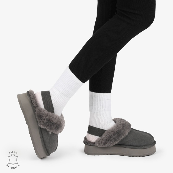 PAPUCI DAMA TIP UG din PIELE INTOARSA CU ELASTIC LA SPATE CRL1269 CULOARE: Gri inchis - Img 3