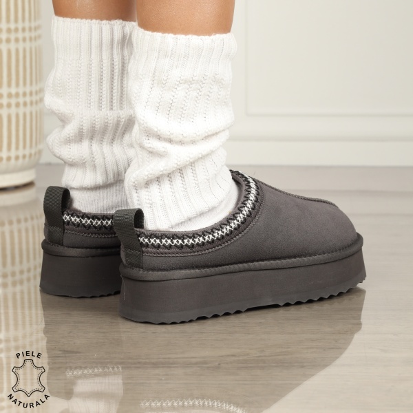 PAPUCI DAMA TIP UG din PIELE NATURALA INTOARSA CRL1268 CULOARE: GRI INCHIS - Img 3