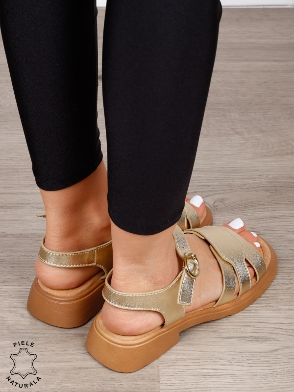Sandale dama din Piele Naturala CU TOC MIC PATRAT CRL1559 AURIU - Img 3
