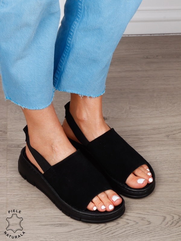 Sandale Damă din Piele Naturală Intoarsa cu Design Modern și Bareta Elastică CRL1805 NEGRU - Img 3