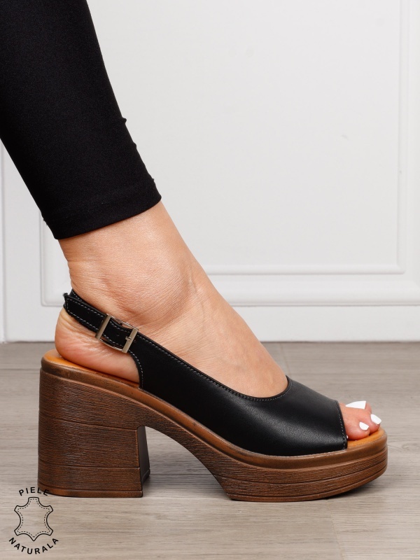 Sandale dama din Piele Naturala model clasic cu toc gros si inalt CRL1641 NEGRU - Img 4