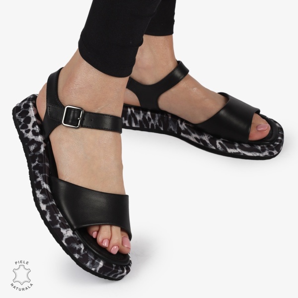 SANDALE DAMA PIELE NATURALA CU TALPA IMPRIMEU LEOPARD CRL1262 NEGRU - Img 3