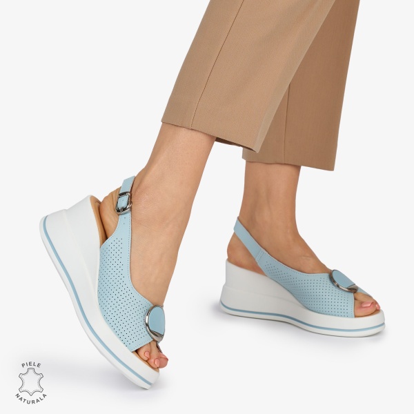 SANDALE Dama Piele Naturala CU TALPA INALTA SI ACCESORIU METALIC CRL1047 Culoare: ALBASTRU - Img 2