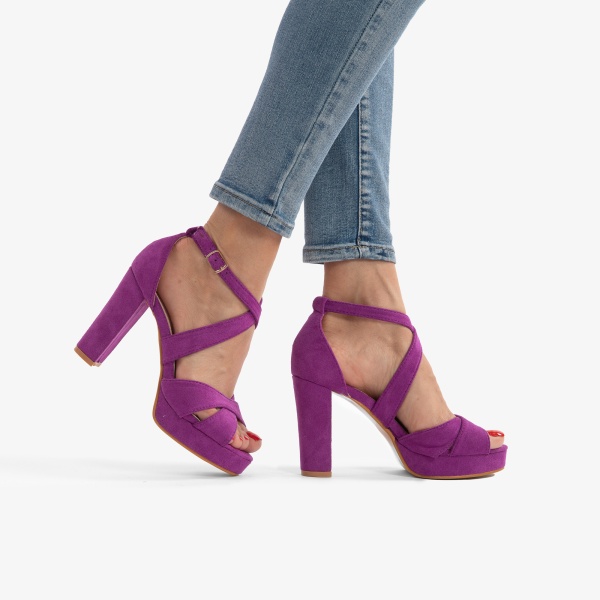 SANDALE DIN PIELE ECOLOGICA Intoarsa cu Toc Gros CRL0755 Mov - Img 2