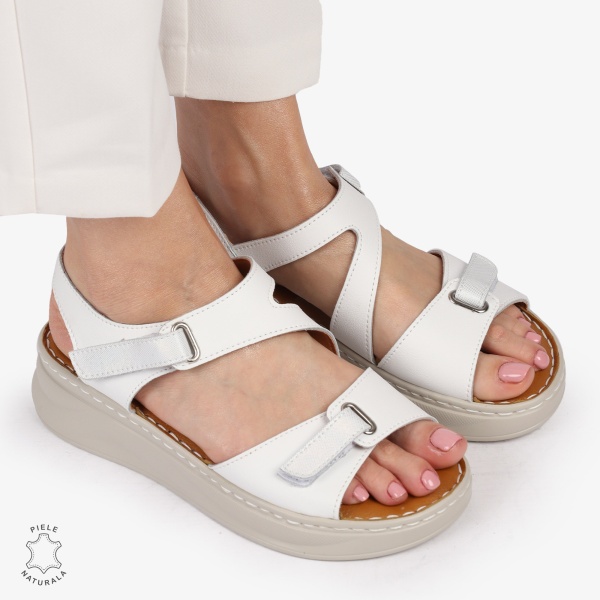 Sandale din piele naturală cu talpă ușoară pentru confort CRL1401 ALB - Img 3