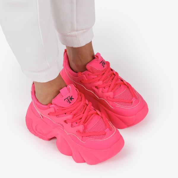 SNEAKERS din PIELE ECOLOGICA SI TEXTIL CU SIRETURI DUBLE SI TALPA INALTA CRL1287 ROZ - Img 3