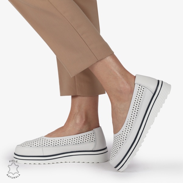 Balerini dama din Piele Naturala cu talpa groasa CRL0172 ALB - Img 2