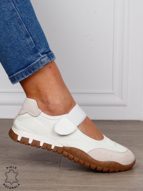 Balerini damă din piele naturală întoarsă și material textil, cu branț din piele naturală CRL1562 ALB - Img 2
