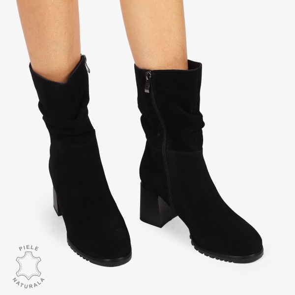 CIZME PIELE NATURALA INTOARSA cu toc Gros CRL1246 NEGRU - Img 3