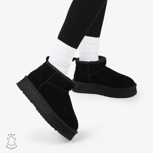 CIZME TIP UG DAMA SCURTE din PIELE NATURALA INTOARSA CRL1267 CULOARE: NEGRU - Img 3