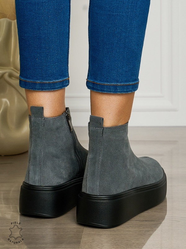 Ghete casual din piele naturală intoarsa cu talpa solida cu fermoar CRL1511 DKGRI - Img 3