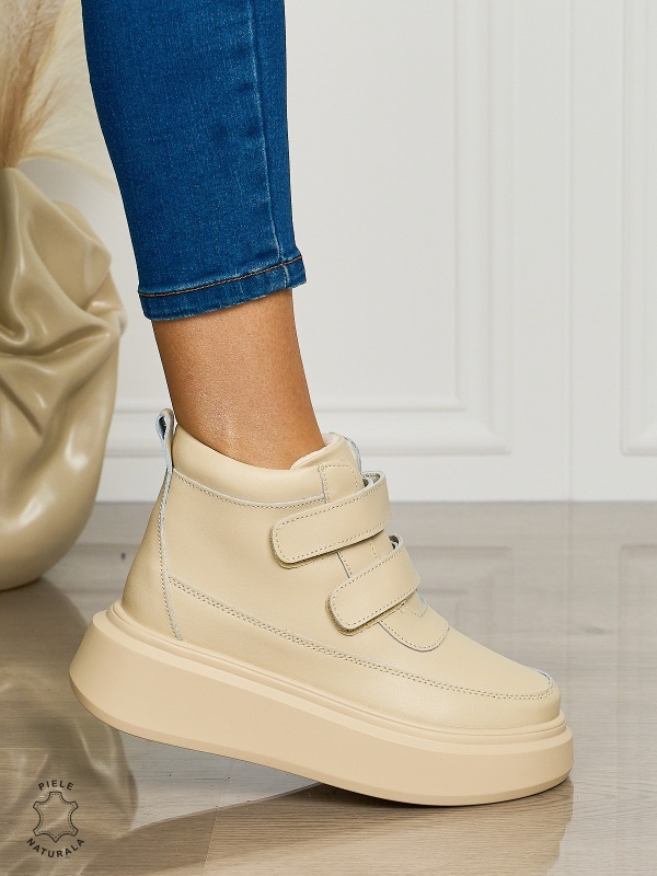 Ghete casual din piele naturală talpa solida cu Velcro si fermoar CRL1512 BEJ - Img 2