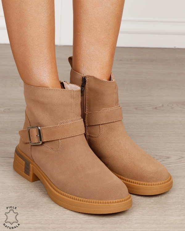 Ghete damă din piele naturală întoarsă, cu baretă și cataramă CRL1887 KHAKI - Img 2