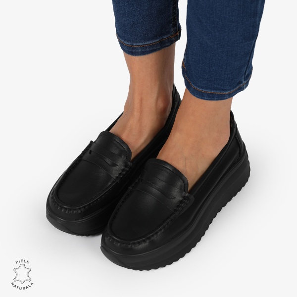 MOCASINI DAMA PIELE NATURALA cu talpa inalta si cusatura laterala CRL1276 Negru - Img 3